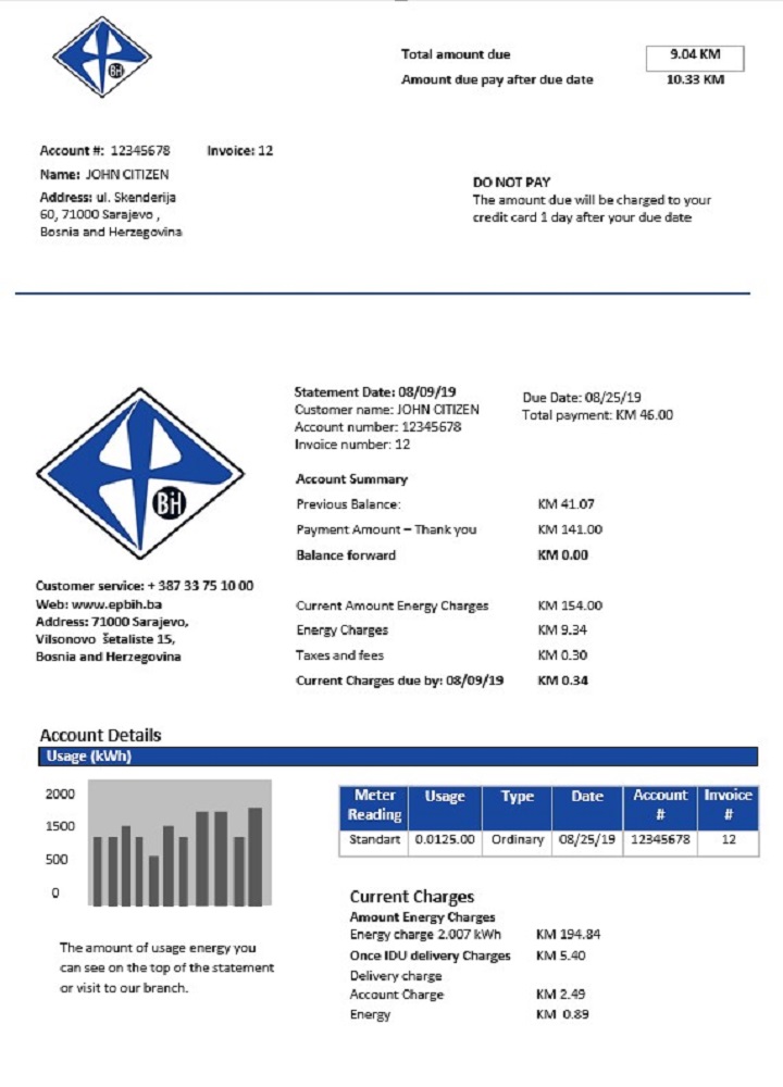 Bosnia and Herzegovina Elektroprivreda BiH electricity utility bill
